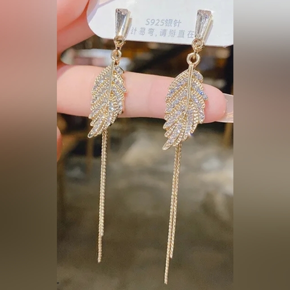 Gold-plated Crystal Leaf Drop earrings with silver post BOGO - Picture 6 of 12